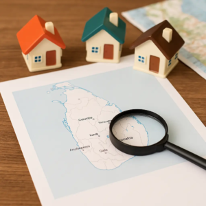 Map and house models on desk – market trends in different regions of Sri Lanka